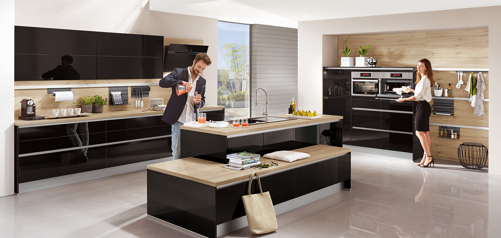 cucina nera legno isola centrale